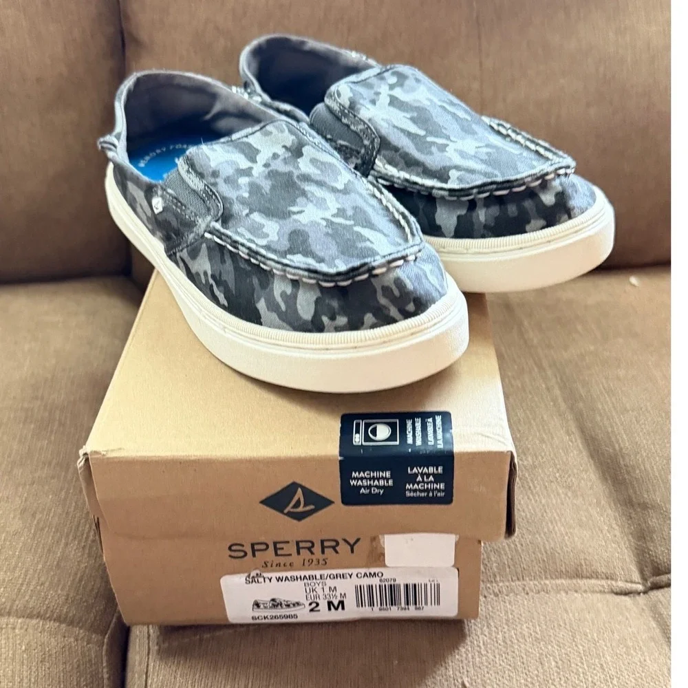 Sperry Salty Washable Boys Grey Camo Slip On Boat Shoes Sneakers 2M SCK265985